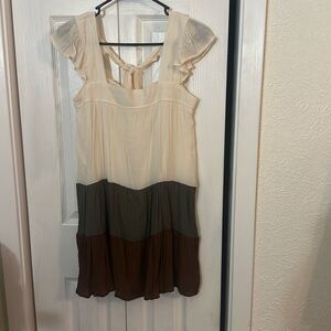 Mine Womens Color-block Flutter Sleeve Tiered Tunic Mini Dress Brown Cream Small